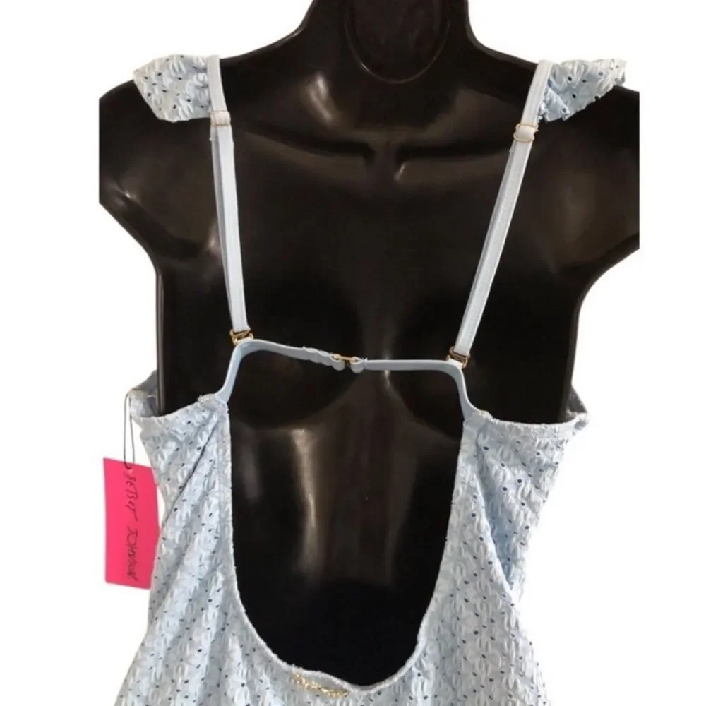Betsey Johnson‎ Clear Sky Blue Suit Ruffle Eyelet V Swimsuit size L New